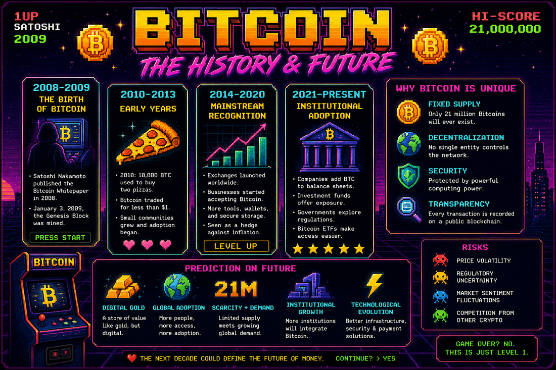 Bitcoin History and Future - Retro Arcade Infographic