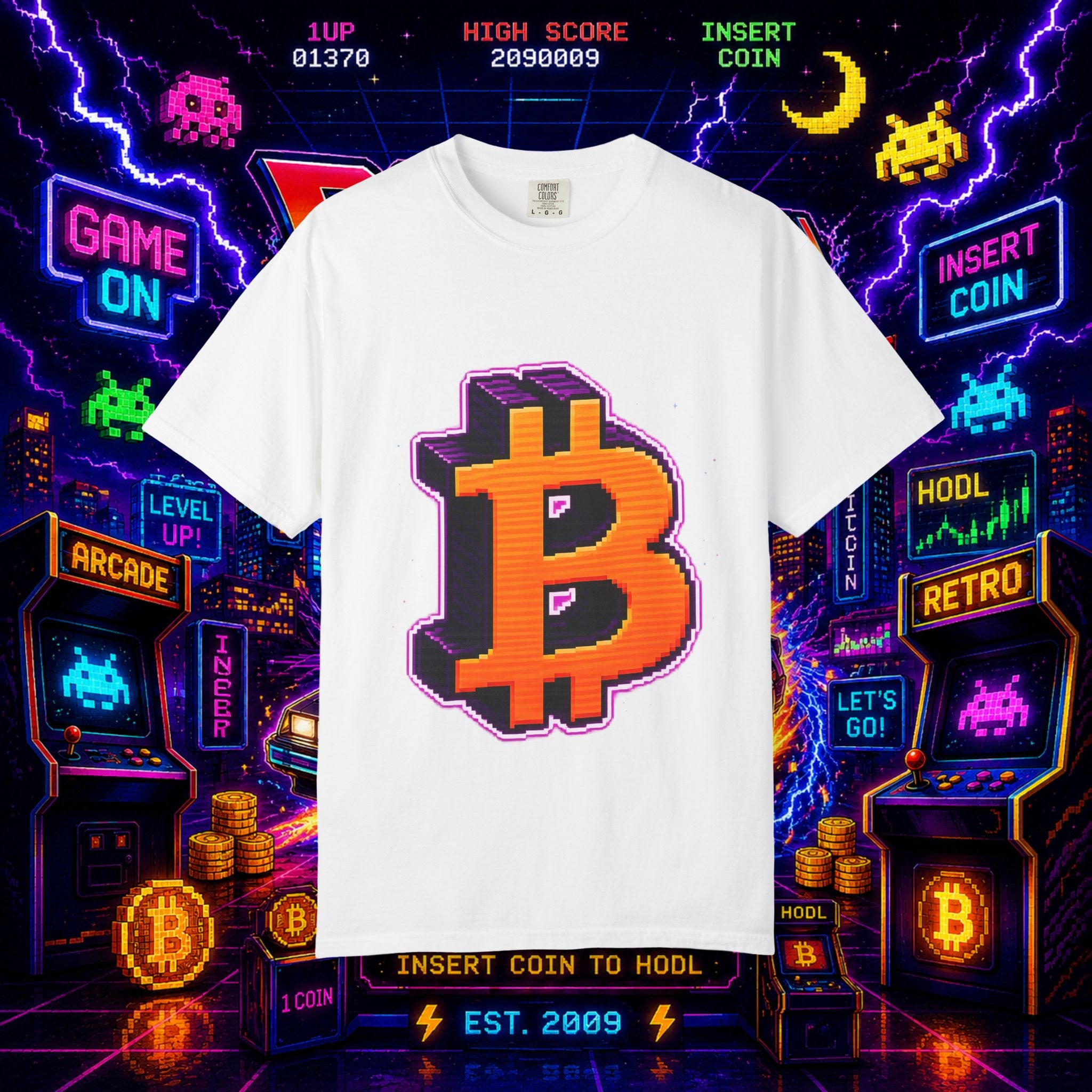 Retro Bitcoin Arcade T-Shirt — Pixel Crypto Logo Tee