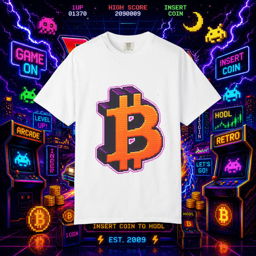 Retro Bitcoin Arcade T-Shirt — Pixel Crypto Logo Tee