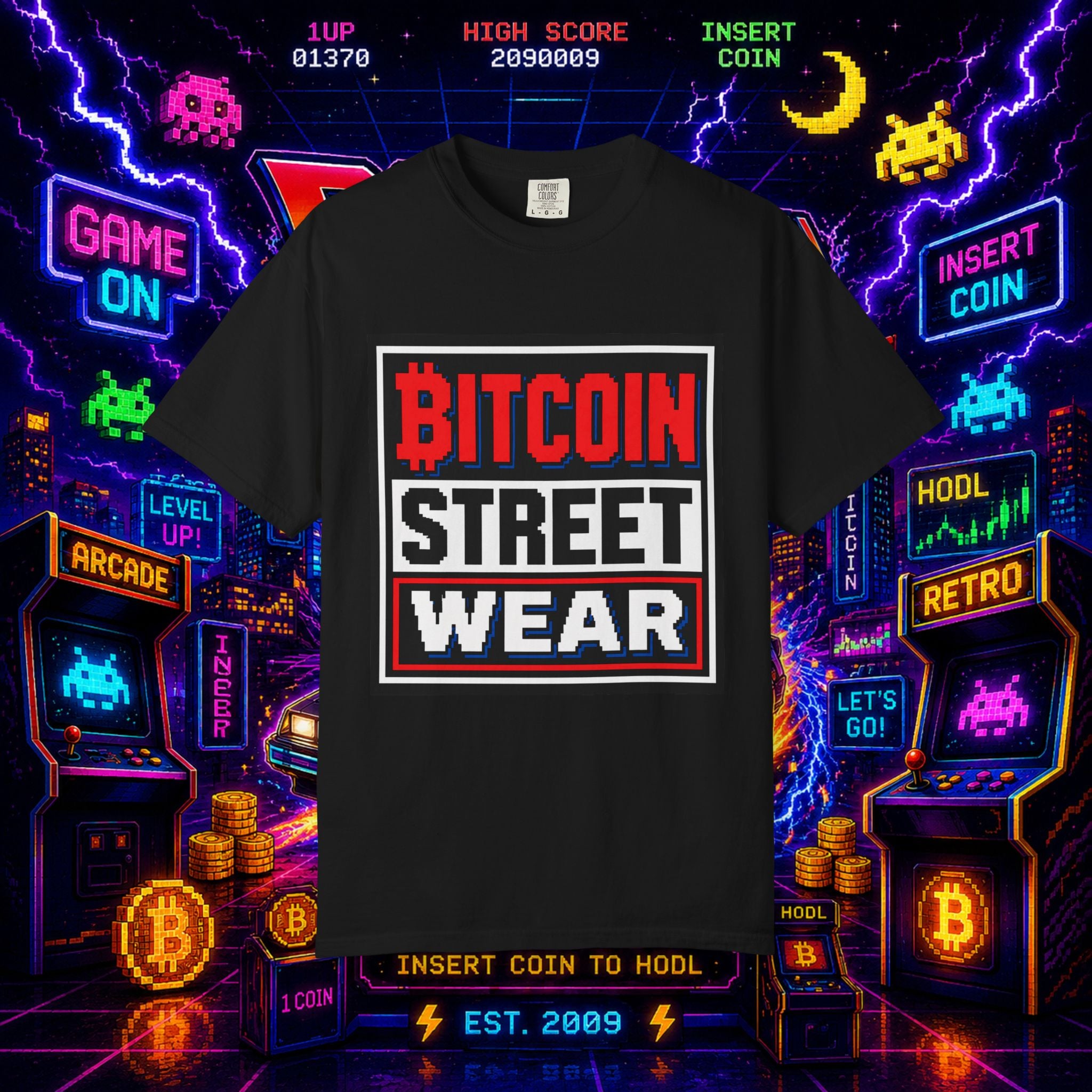 Bitcoin Streetwear T-Shirt — Retro Arcade Crypto Tee ("Bitcoin Street Wear")