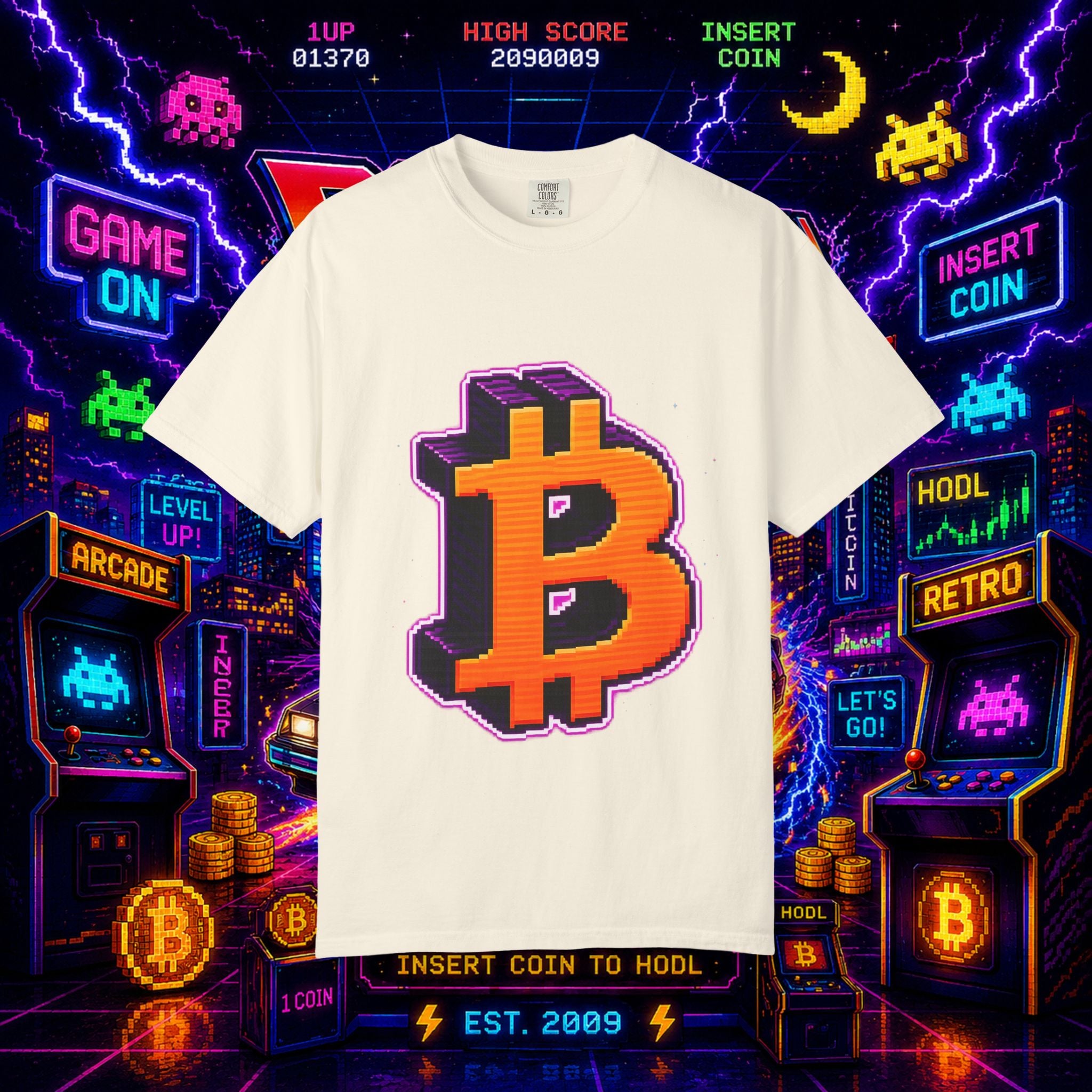 Retro Bitcoin Arcade T-Shirt — Pixel Crypto Logo Tee