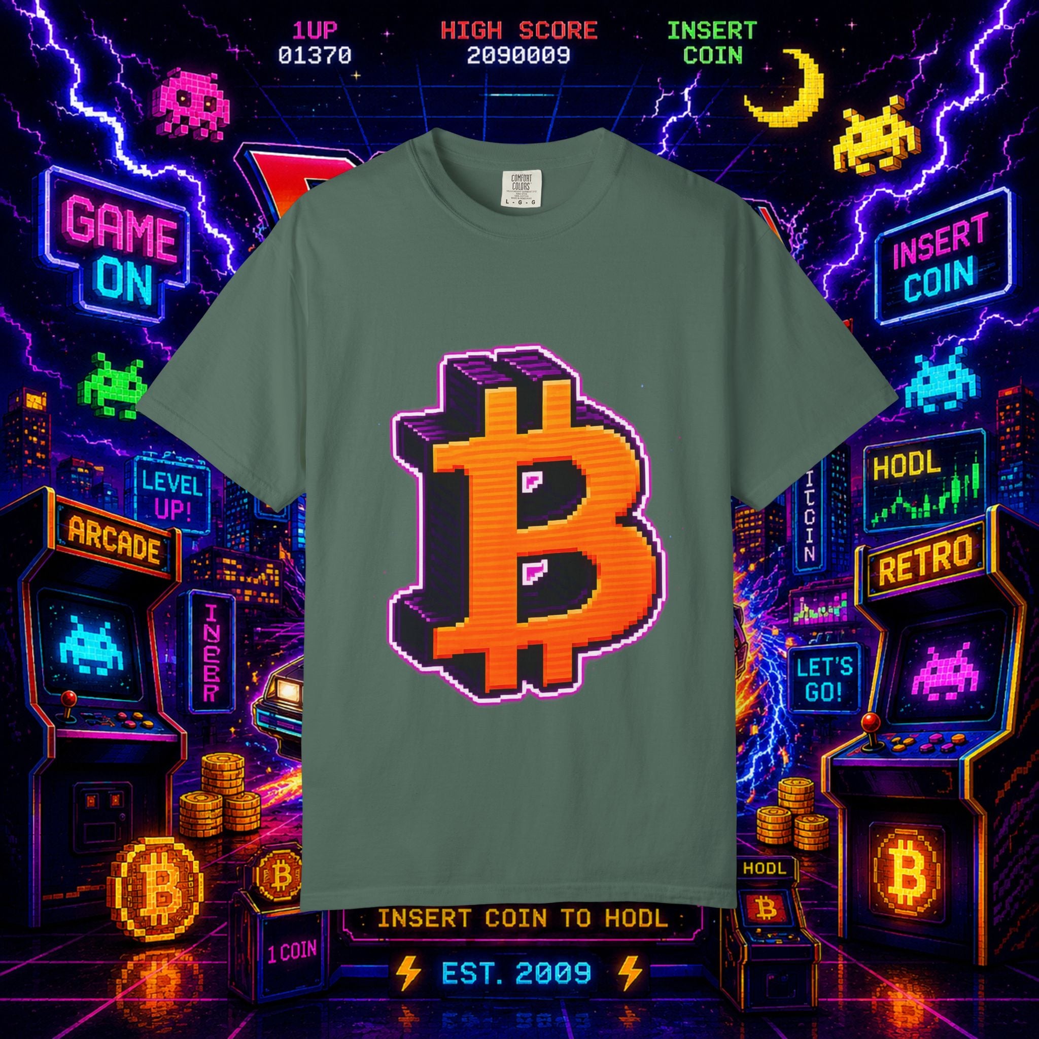 Retro Bitcoin Arcade T-Shirt — Pixel Crypto Logo Tee