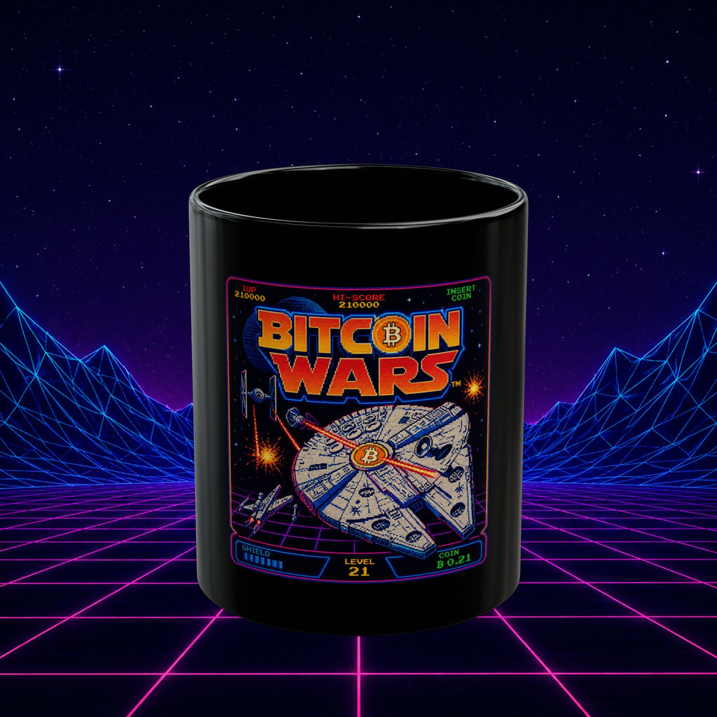 Bitcoin Wars Mug — Retro Space Arcade Cryptocurrency Coffee Cup
