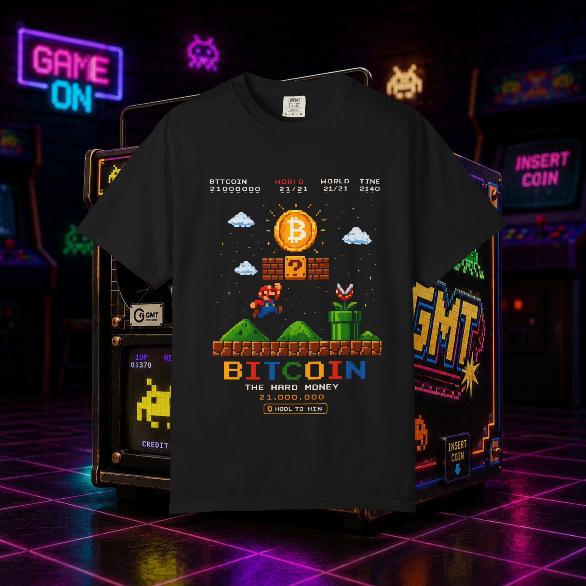 Bitcoin Retro Game T-Shirt — Pixel Mario-Style Crypto Tee