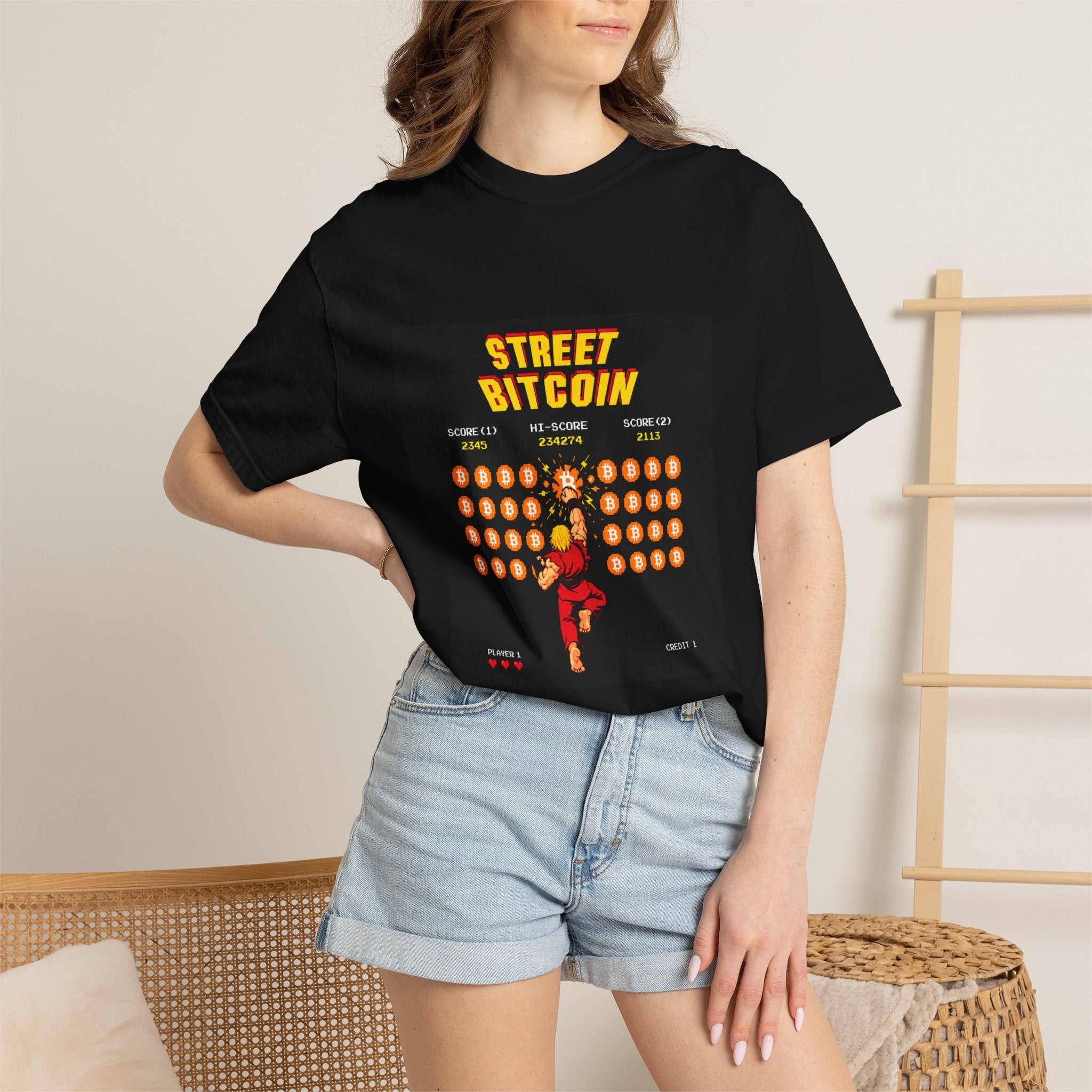 Street Bitcoin Arcade T-Shirt — Retro 8-Bit HODL Gaming Tee
