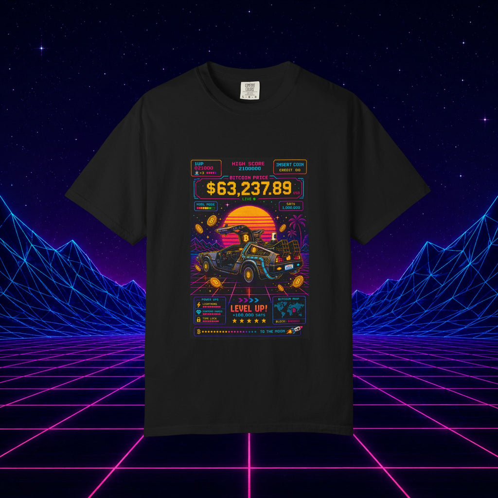 T-Shirt — Retro Arcade Racing ‘Level Up’ Graphic Tee (Sunset DeLorean, 63,237.89)