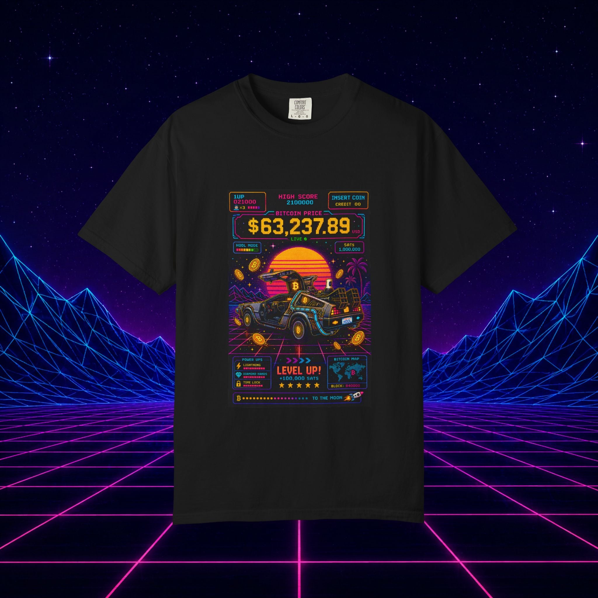 T-Shirt — Retro Arcade Racing ‘Level Up’ Graphic Tee (Sunset DeLorean, 63,237.89)