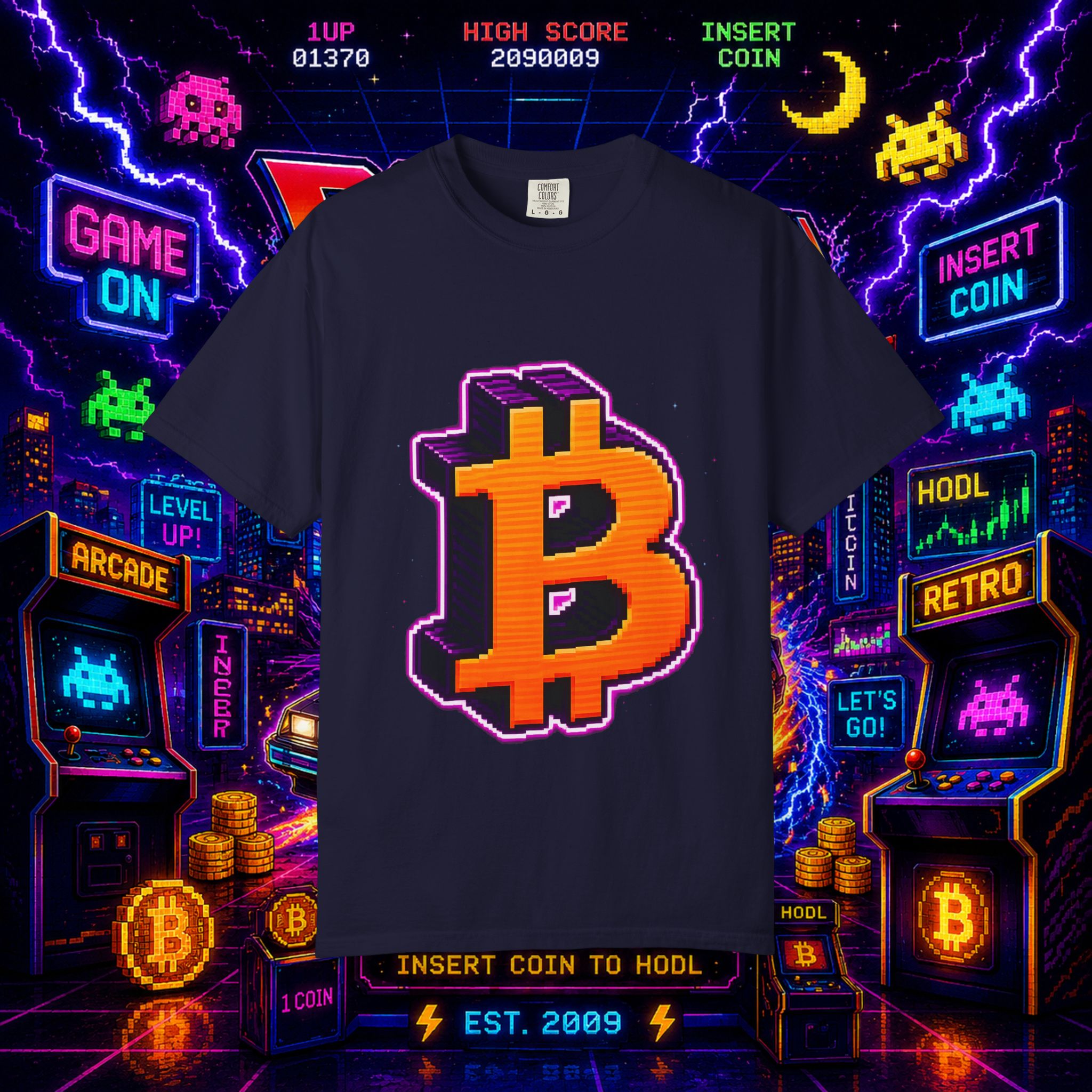 Retro Bitcoin Arcade T-Shirt — Pixel Crypto Logo Tee