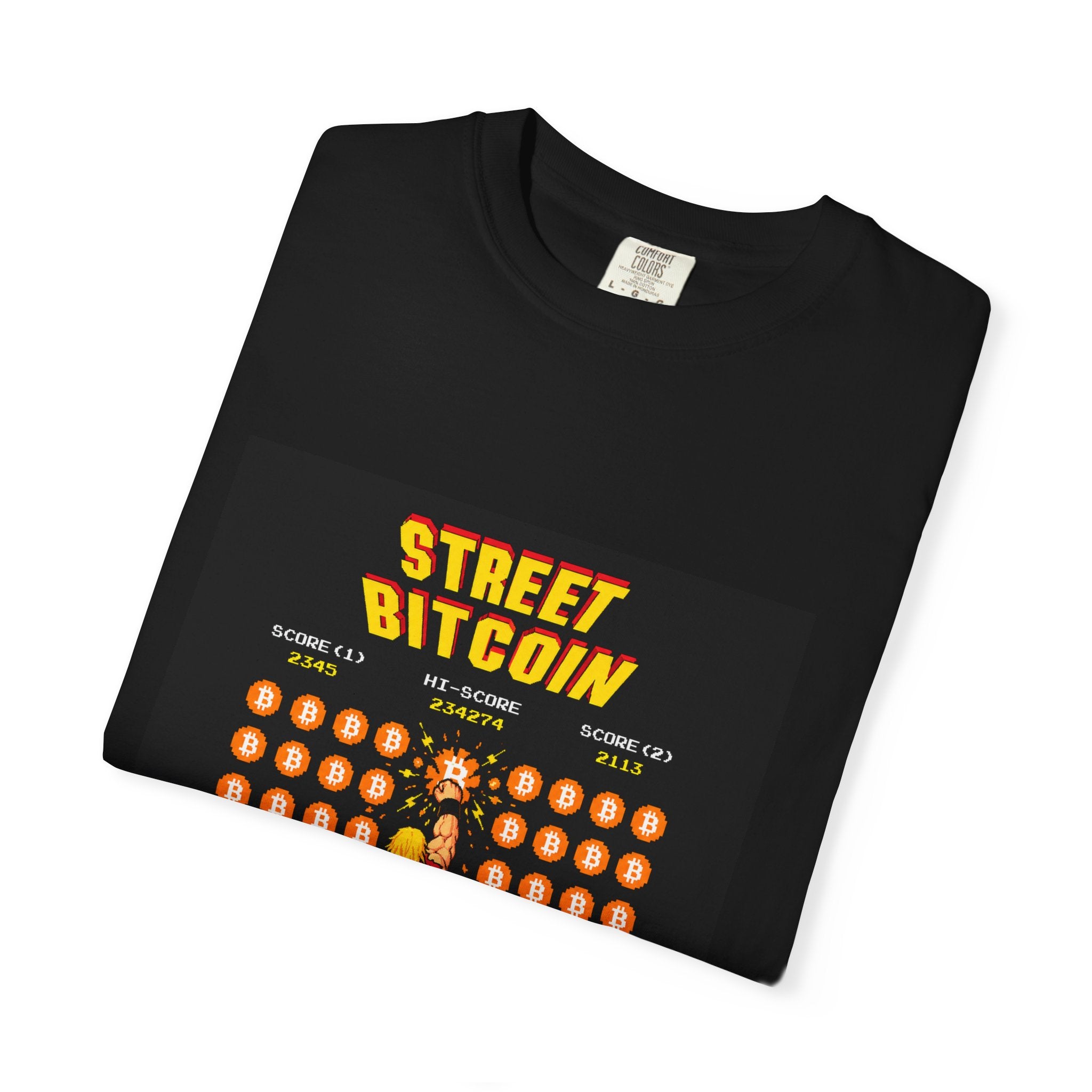 Street Bitcoin Arcade T-Shirt — Retro 8-Bit HODL Gaming Tee
