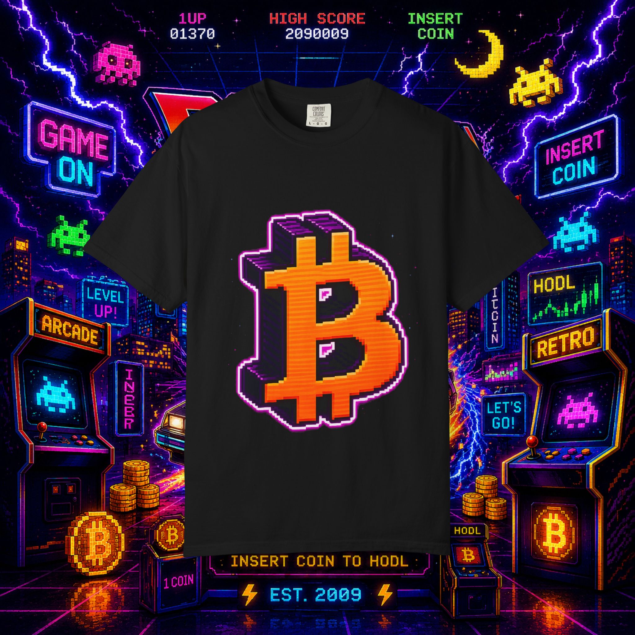 Retro Bitcoin Arcade T-Shirt — Pixel Crypto Logo Tee