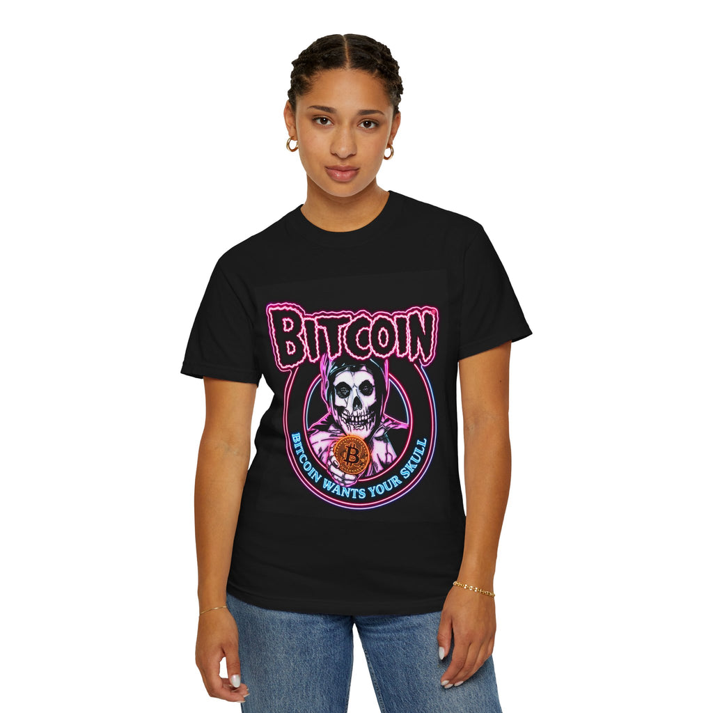 Bitcoin Skull T-Shirt — "Bitcoin Wants Your Skull" Crypto Gothic Tee