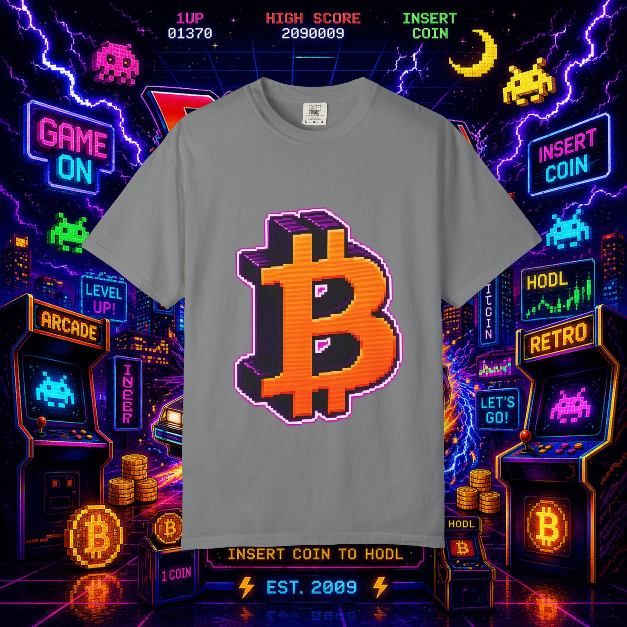 Retro Bitcoin Arcade T-Shirt — Pixel Crypto Logo Tee