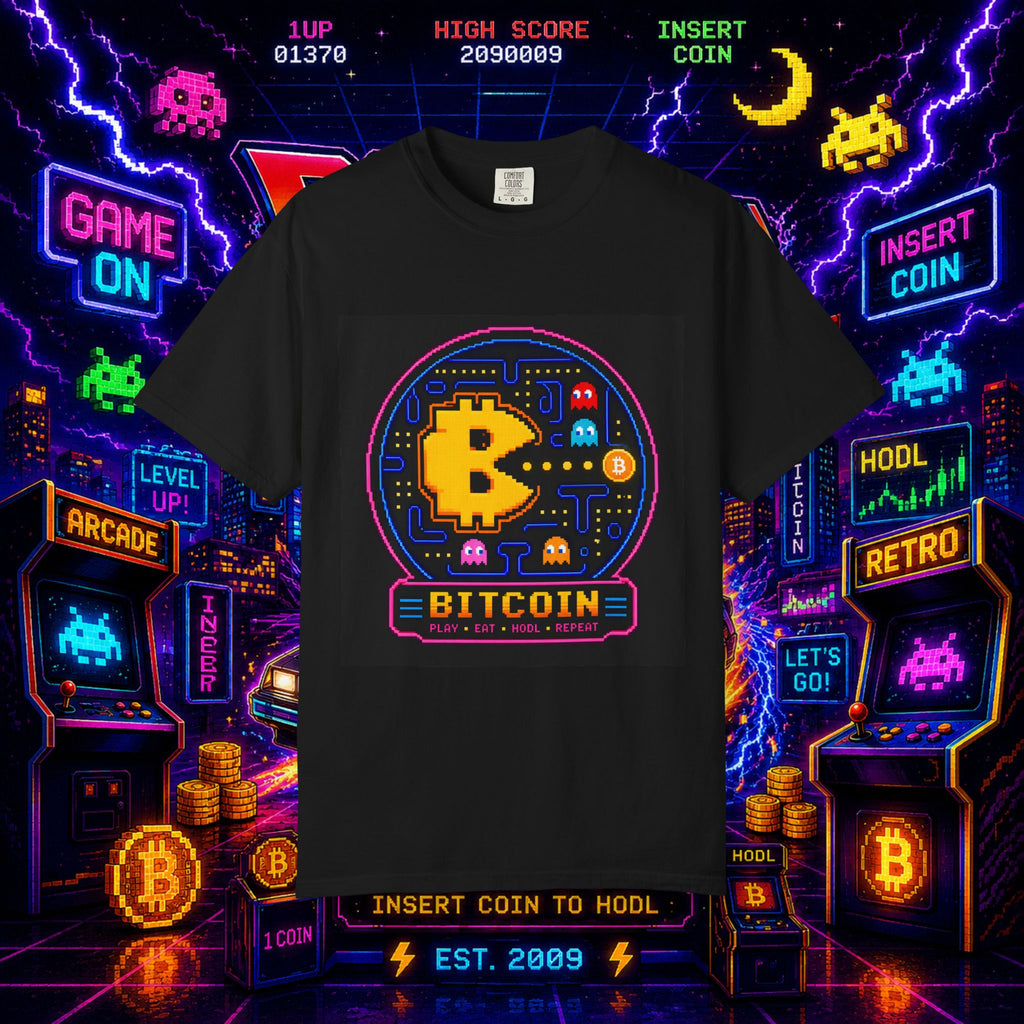 Bitcoin Arcade T-Shirt — Retro Pixel Gaming Crypto Tee
