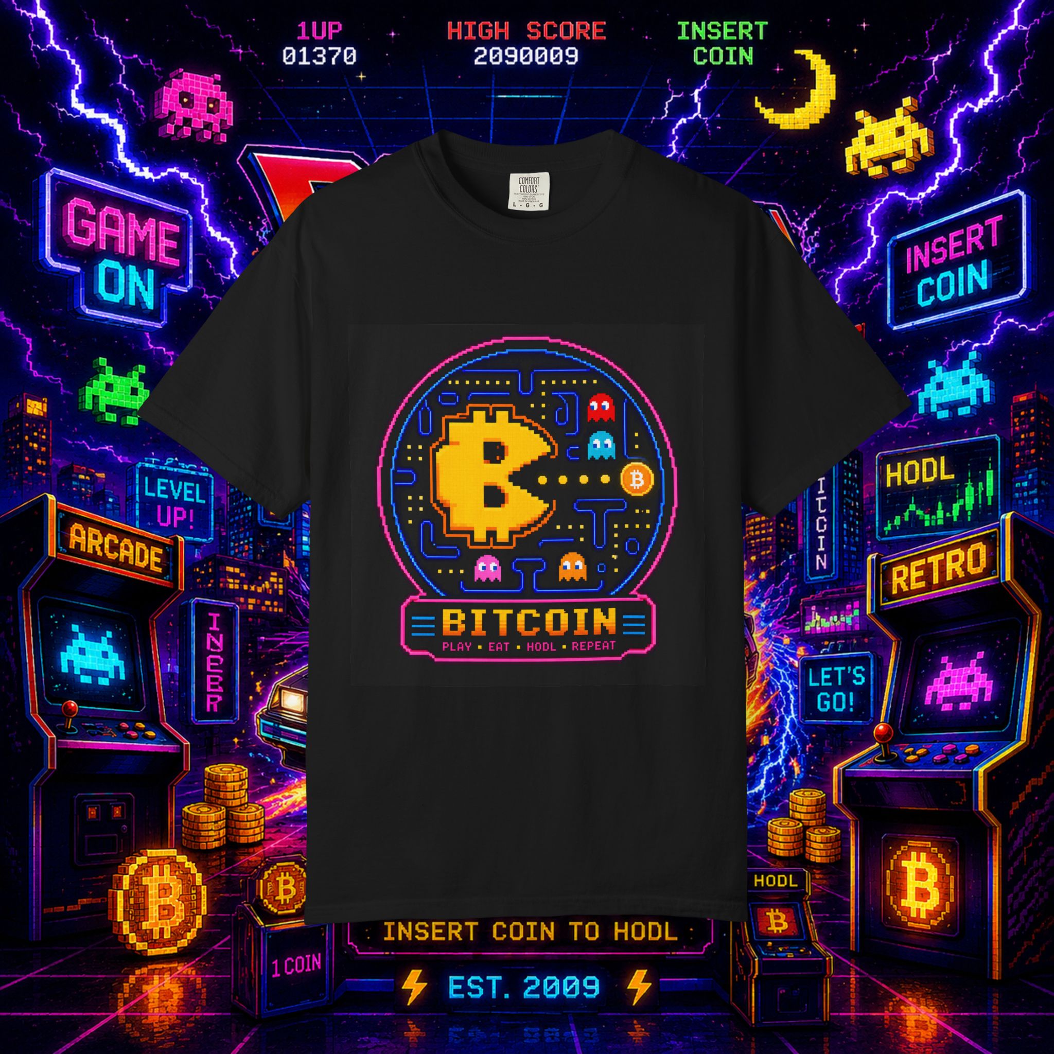Bitcoin Arcade T-Shirt — Retro Pixel Gaming Crypto Tee