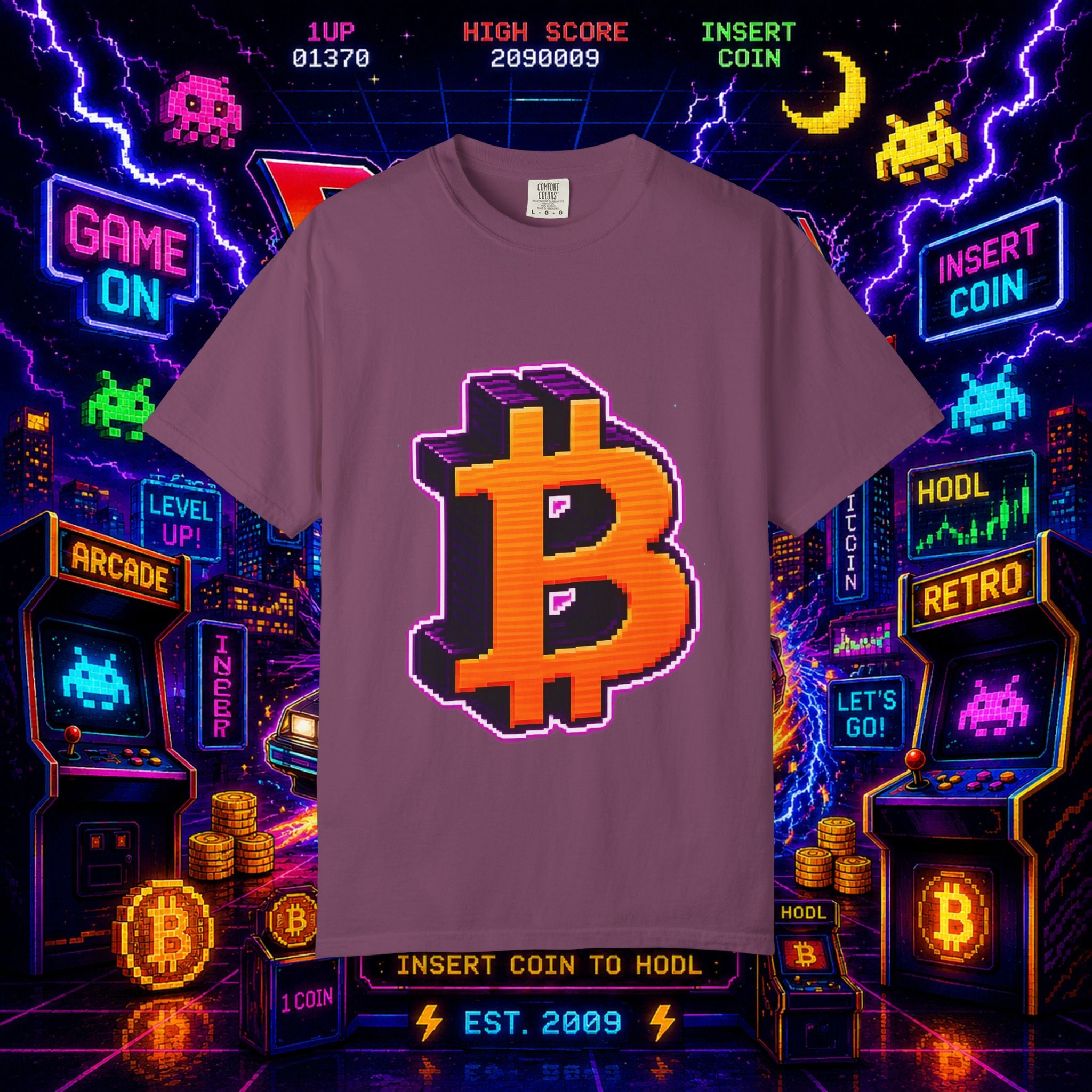 Retro Bitcoin Arcade T-Shirt — Pixel Crypto Logo Tee