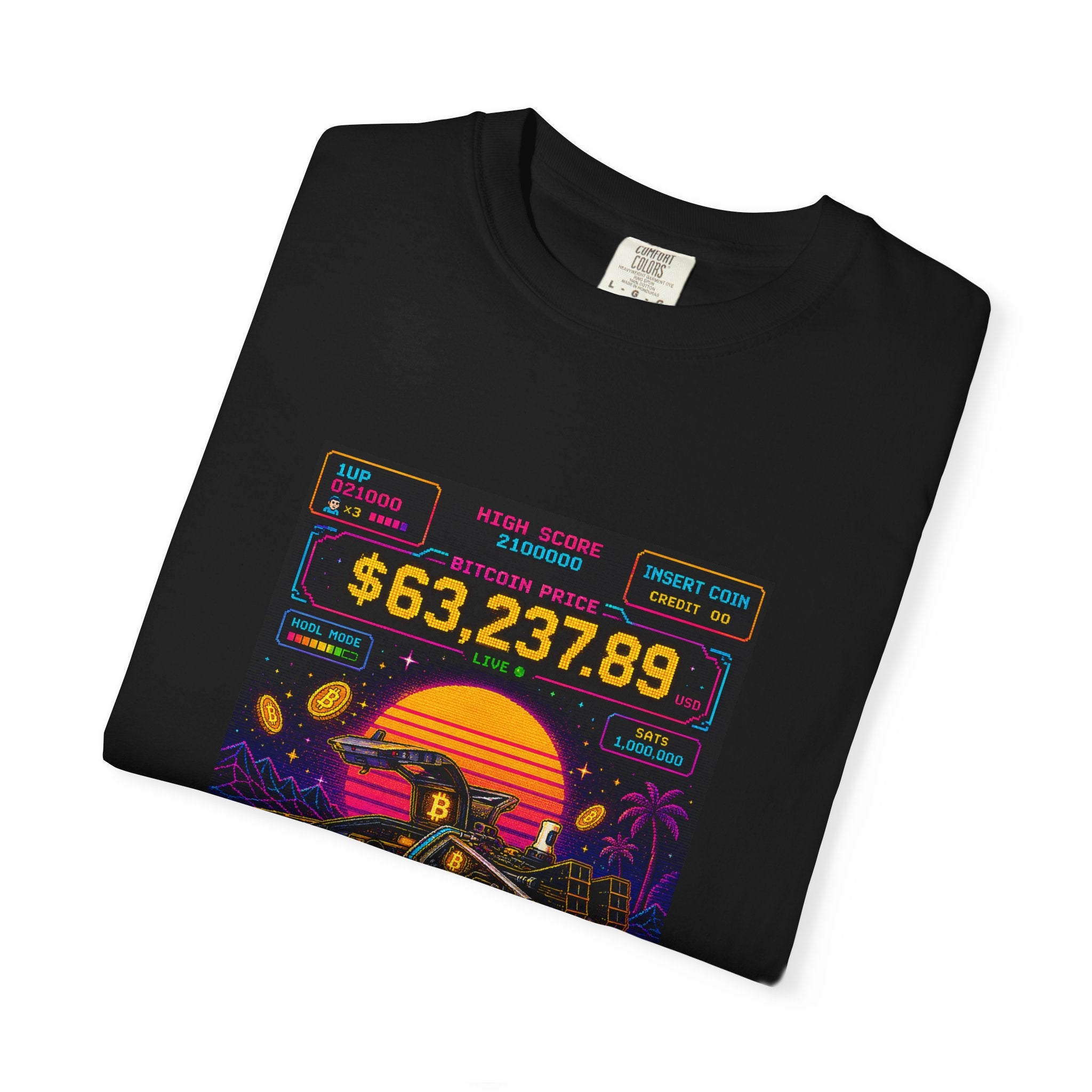 T-Shirt — Retro Arcade Racing ‘Level Up’ Graphic Tee (Sunset DeLorean, 63,237.89)