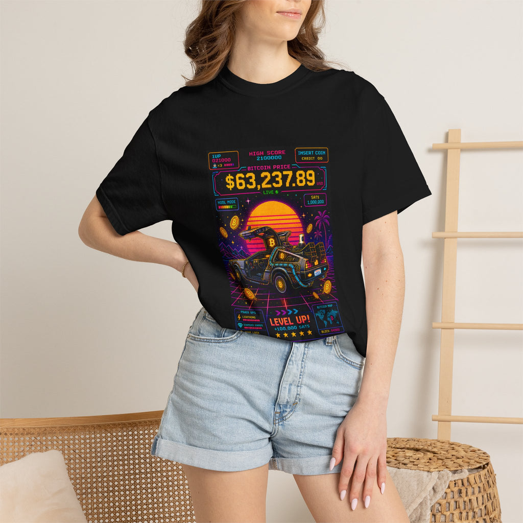 T-Shirt — Retro Arcade Racing ‘Level Up’ Graphic Tee (Sunset DeLorean, 63,237.89)