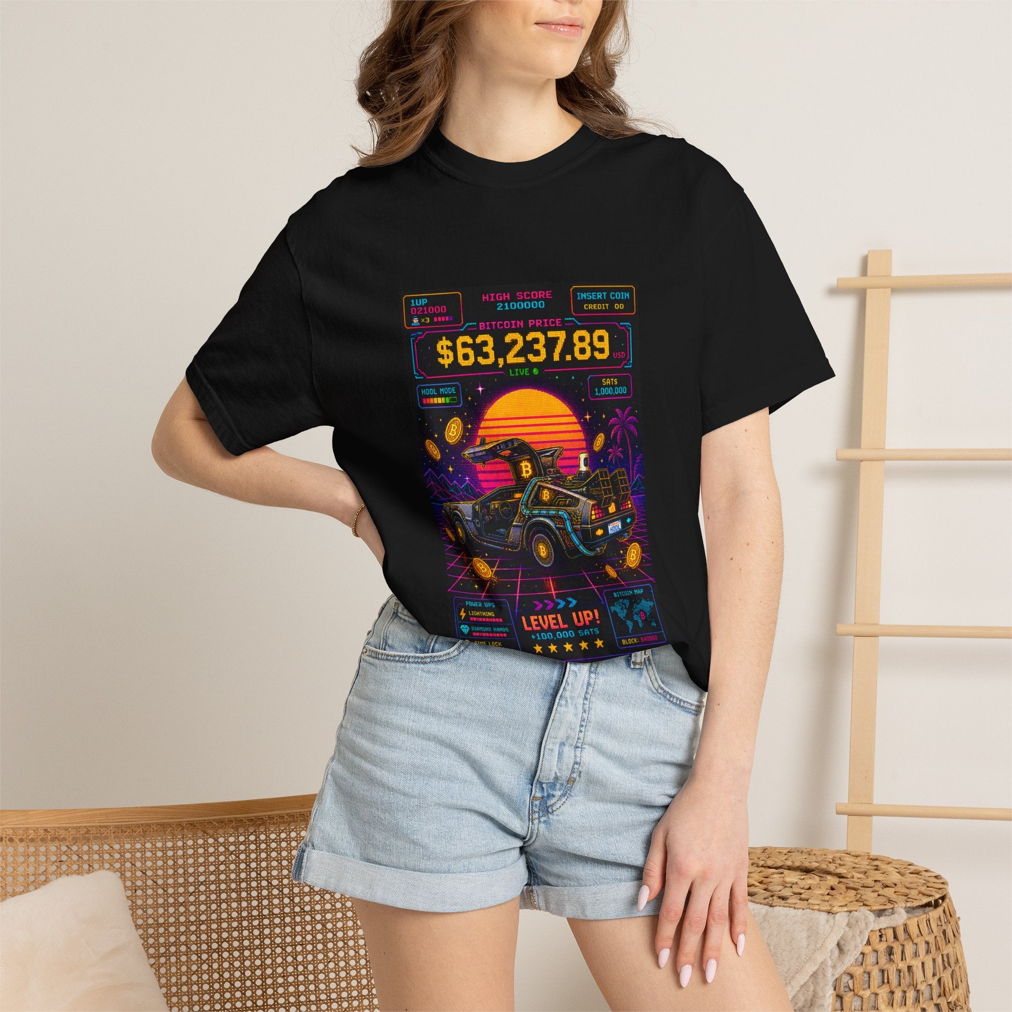 T-Shirt — Retro Arcade Racing ‘Level Up’ Graphic Tee (Sunset DeLorean, 63,237.89)