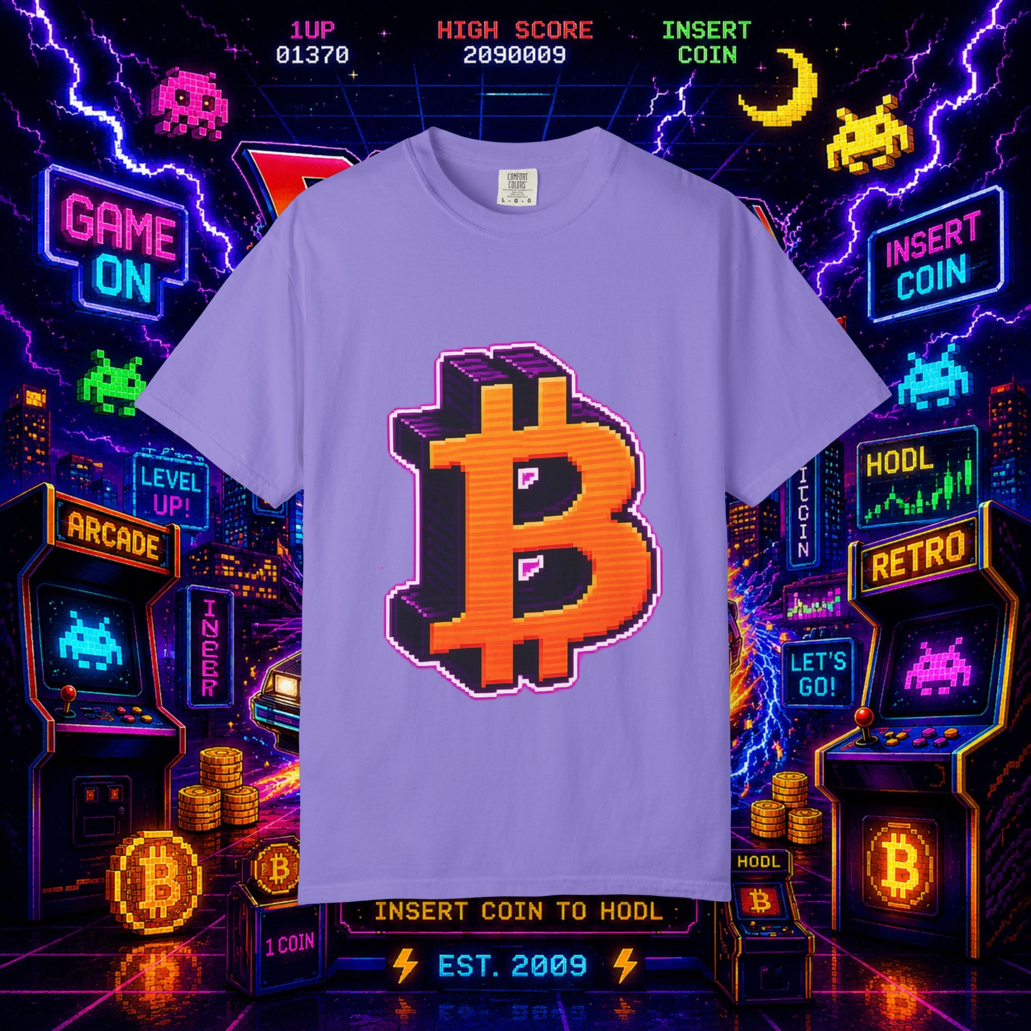 Retro Bitcoin Arcade T-Shirt — Pixel Crypto Logo Tee