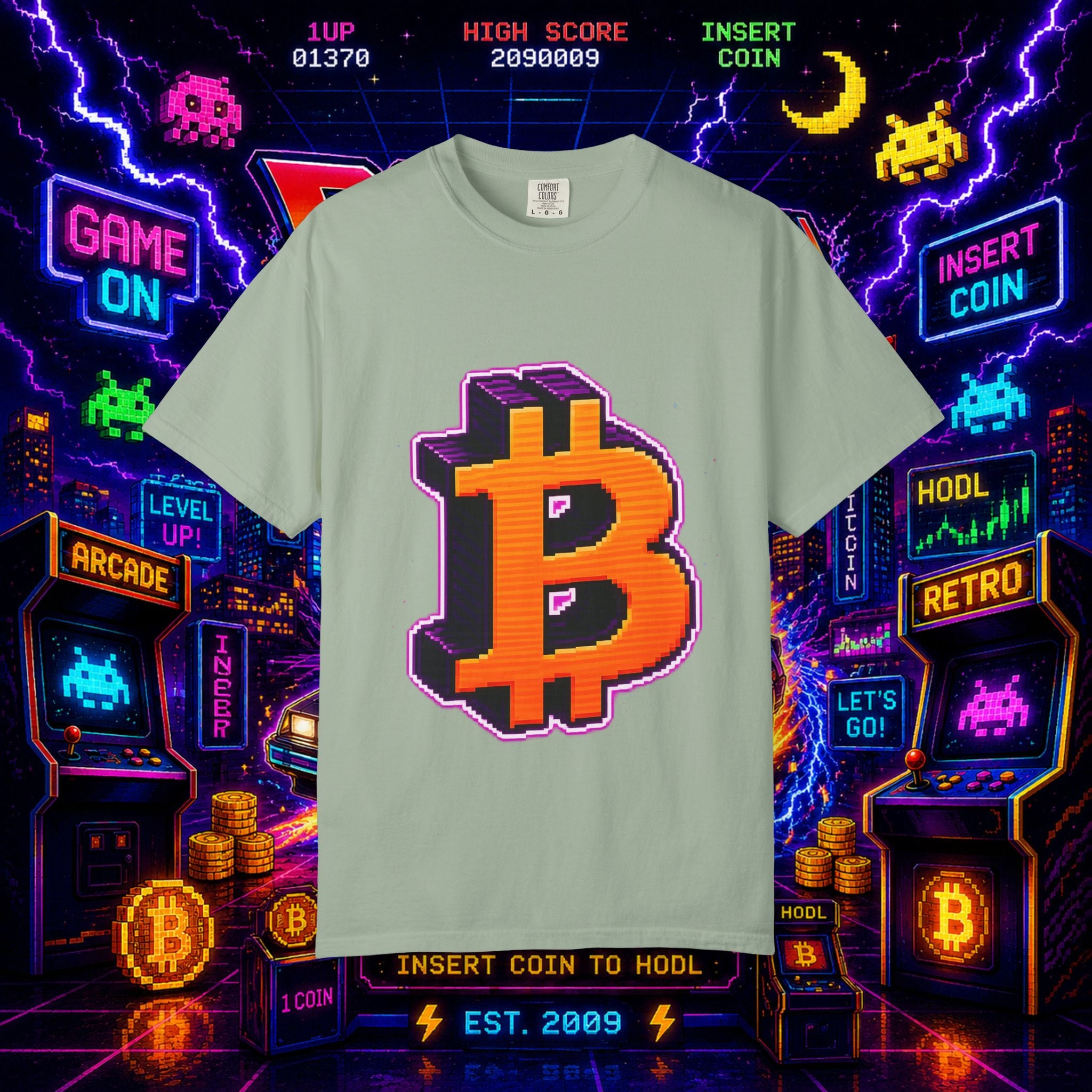 Retro Bitcoin Arcade T-Shirt — Pixel Crypto Logo Tee