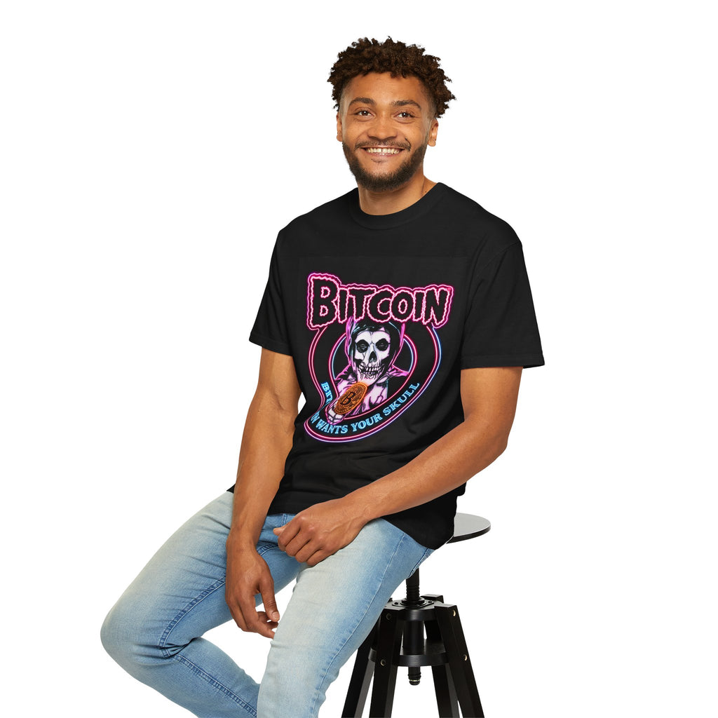 Bitcoin Skull T-Shirt — "Bitcoin Wants Your Skull" Crypto Gothic Tee