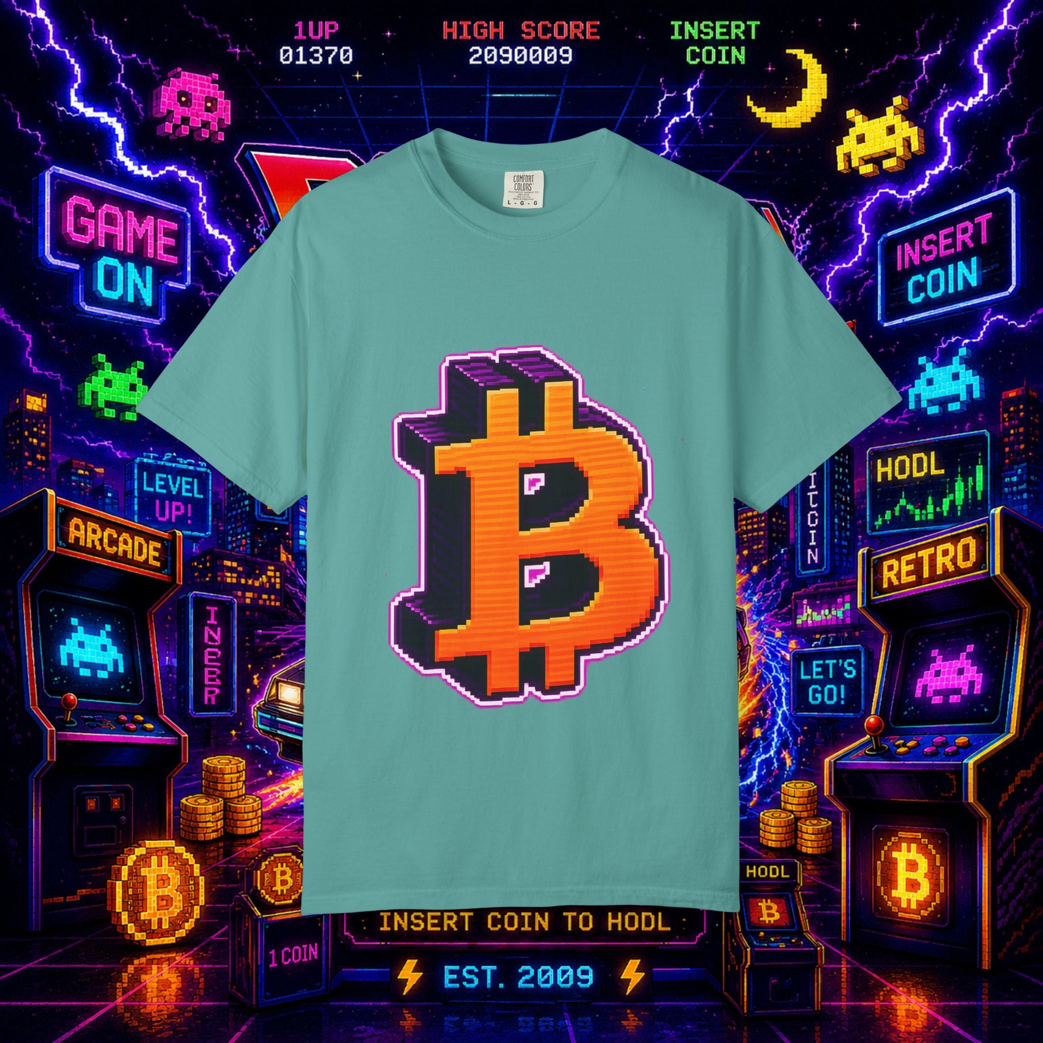 Retro Bitcoin Arcade T-Shirt — Pixel Crypto Logo Tee