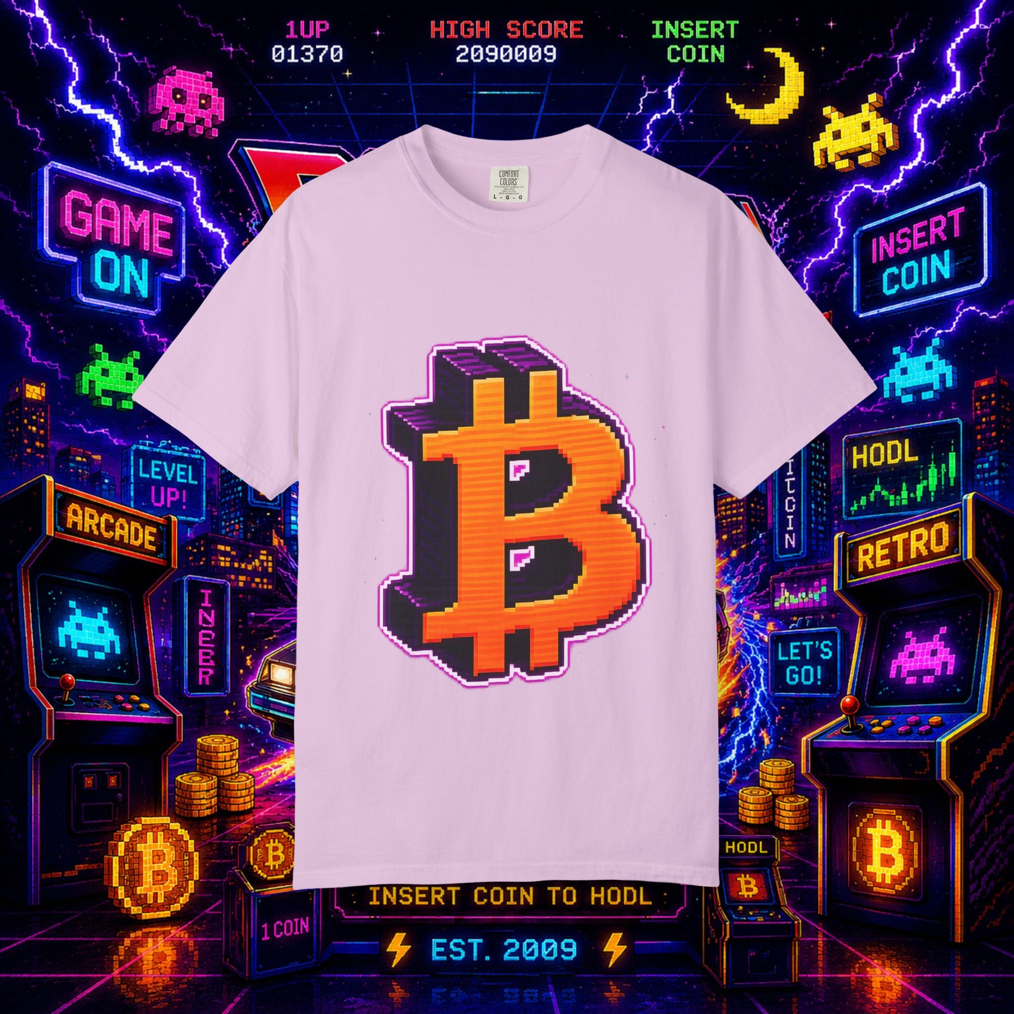 Retro Bitcoin Arcade T-Shirt — Pixel Crypto Logo Tee