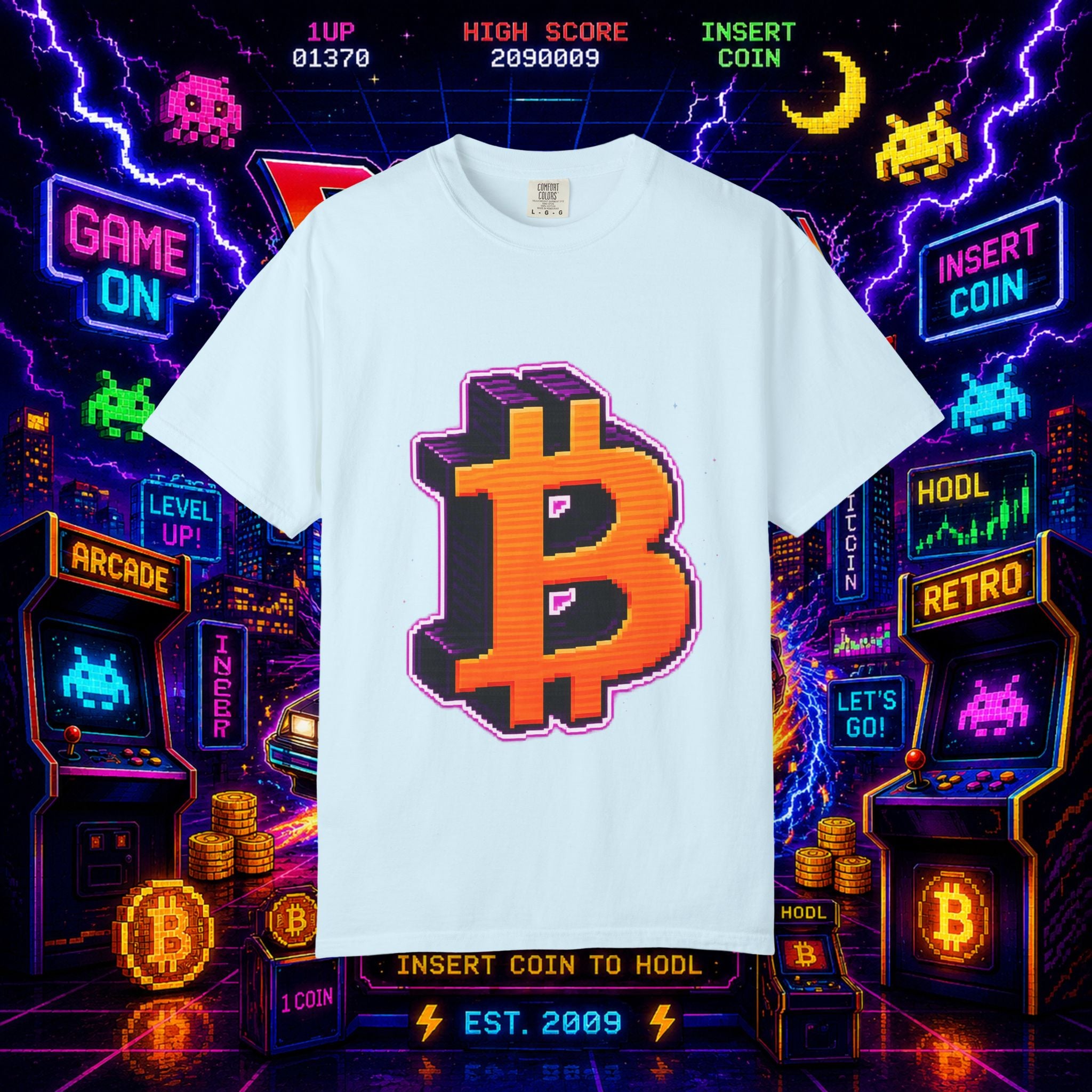 Retro Bitcoin Arcade T-Shirt — Pixel Crypto Logo Tee