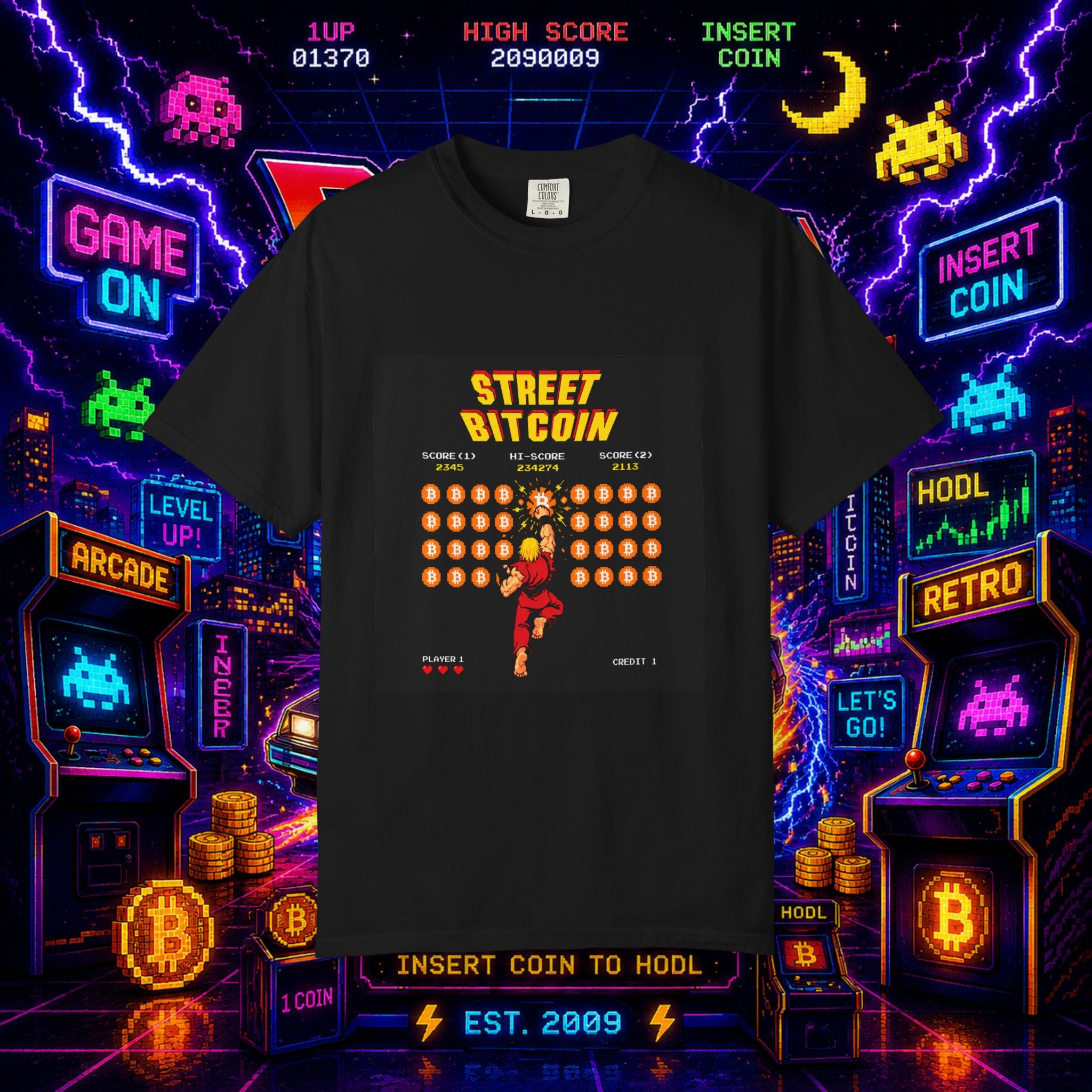 Street Bitcoin Arcade T-Shirt — Retro 8-Bit HODL Gaming Tee