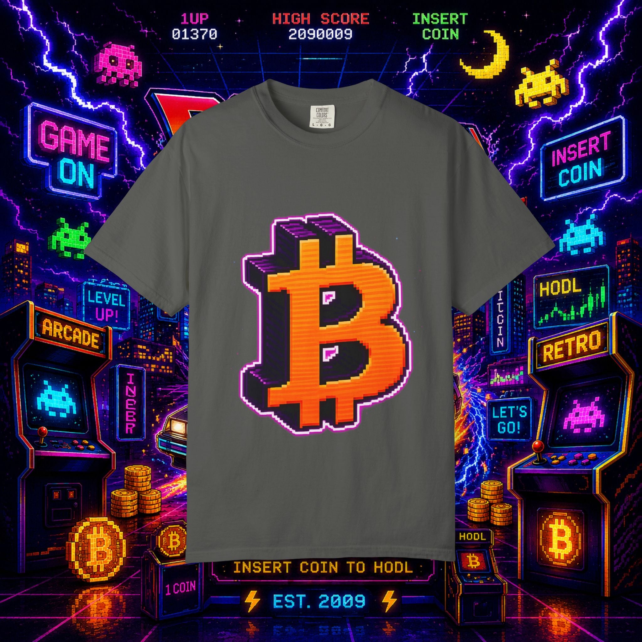 Retro Bitcoin Arcade T-Shirt — Pixel Crypto Logo Tee