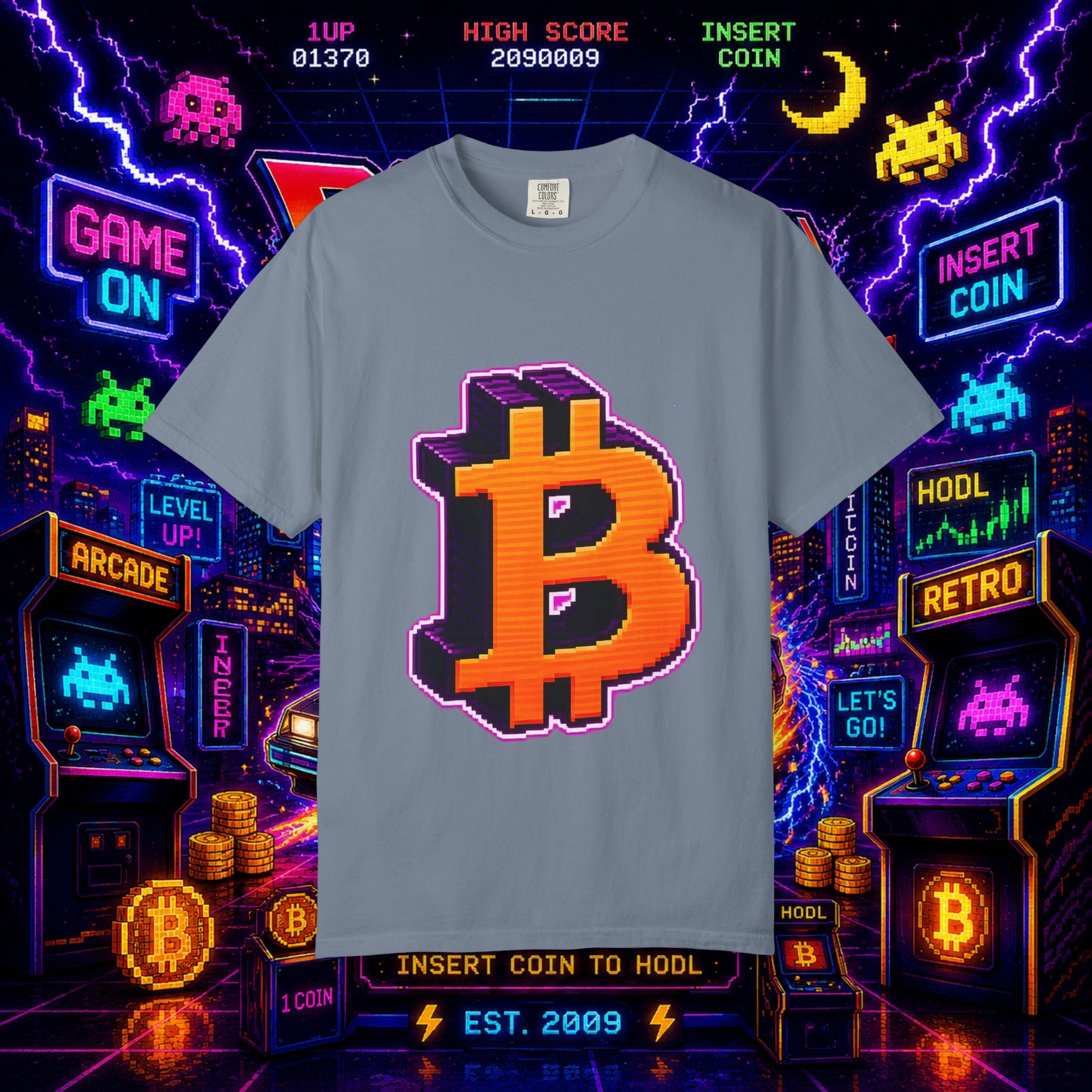 Retro Bitcoin Arcade T-Shirt — Pixel Crypto Logo Tee