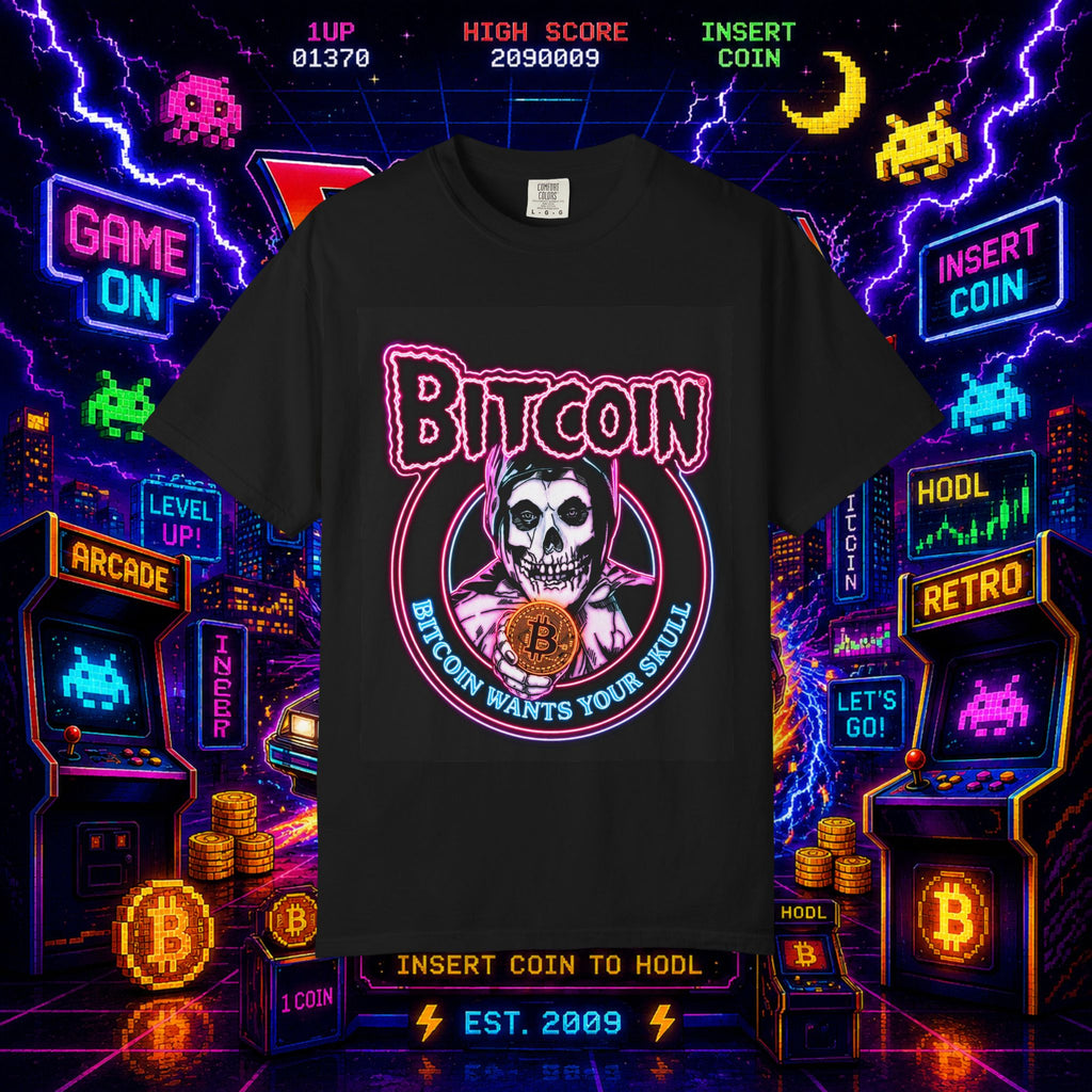 Bitcoin Skull T-Shirt — "Bitcoin Wants Your Skull" Crypto Gothic Tee